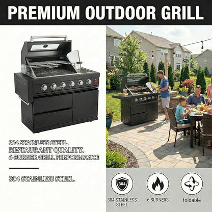 46" Outdoor Kitchen Island with Side Burner, 4-Burner 75,300 BTU Propane Gas BBQ Island with Rotisserie, Side Prep Shelf, Storage Drawers, LP/NG Convertible, for Backyard and Patio Cooking, Black