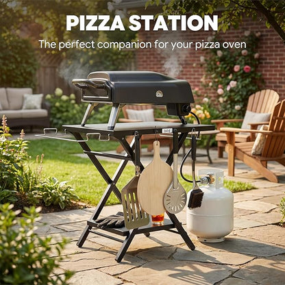 Feasto Outdoor Grill Table, Foldable Pizza Oven Stand & Griddle Stand with Garage Rack & Tissue Holder, Folding Outdoor Prep Table for Gathering and Party, 30" x 24", Black