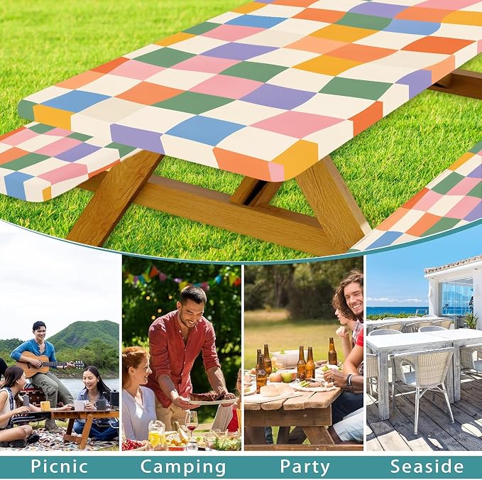 Fitted Picnic Table Cover with Bench Covers and Bag | Camping Essentials, Colorful Checkered Outdoor Waterproof Picnic Tablecloth with Elastic Edges, 3 Pcs Set 30x96 Inch