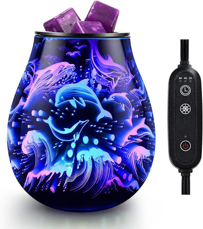 Inrorans Glass Electric Wax Melt Warmer Oil Burner with Stable Heating PTC Reusable Silicone Tray 7 Colorful Changing Led Light Night Light Scent Warmer for Home Fragrance Warmers-Dolphin Timer