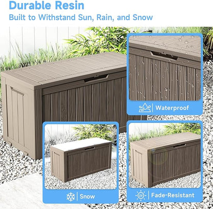 Pepe Tee Waterproof Resin Deck Box, Outdoor Storage Bin for Patio Furniture Cushions, All-Weather Garden Organizer & Seating Bench, Coffee