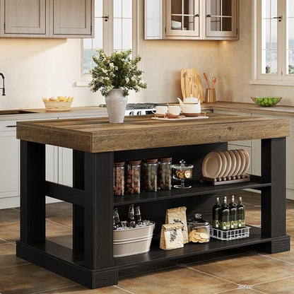 Tribesigns 55" Kitchen Island with Seating and Storage, 3-Tier, Farmhouse | Wood Stationary Island Table with Large Worktop & Legroom, Heavy Duty, Coffee Bar Table with Storage Shelf for Kitchen, Black
