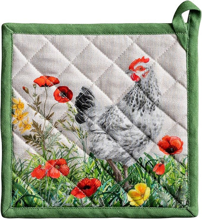 Maison d' Hermine Pot Holders 100% Cotton Heat Resistant Potholders 8" x 8" Hot Pads with Loop BBQ Cooking Baking Hotel Farmhouse Kitchen Handling Hot Pans Spring Summer (Pack of 1, Basse Cour)