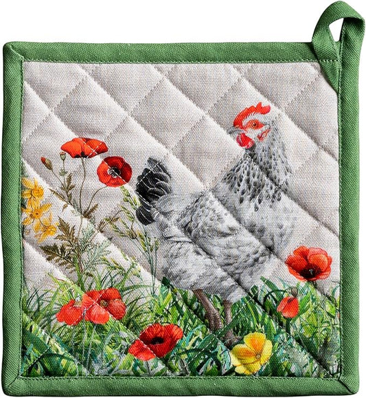Maison d' Hermine Pot Holders 100% Cotton Heat Resistant Potholders 8" x 8" Hot Pads with Loop BBQ Cooking Baking Hotel Farmhouse Kitchen Handling Hot Pans Spring Summer (Pack of 1, Basse Cour)