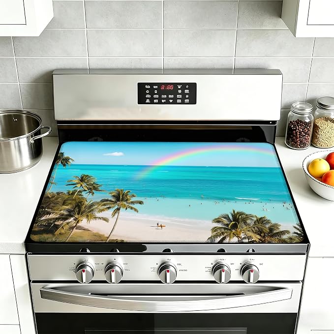 Tropical Palm Tree Stove Top Covers for Electric Stove,Summer Beach Glass Top Stove Cover, Heat Resistant Range Covers for Electric Stove,Washable Countertop Mat, 28 x 20 Inch