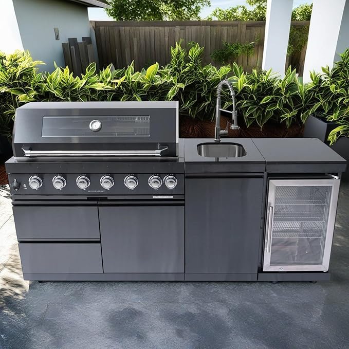 82-Inch 6-Burner 85000 BTU Deluxe Stainless Steel Gas BBQ Island Outdoor Kitchen with Wine Cooler, Rotisserie Kit, Granite Countertops & Stainless Steel Sink - Modular Outdoor Kitchen