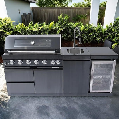 82-Inch 6-Burner 85000 BTU Deluxe Stainless Steel Gas BBQ Island Outdoor Kitchen with Wine Cooler, Rotisserie Kit, Granite Countertops & Stainless Steel Sink - Modular Outdoor Kitchen