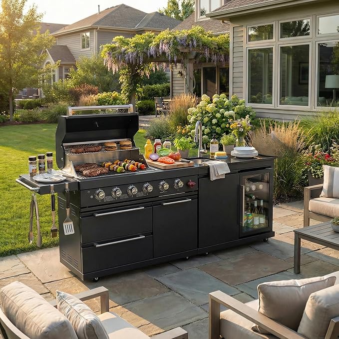 84" Stainless Steel Outdoor Kitchen BBQ Island Grill with LPG Black | 6-Burner 75300 BTU Propane Gas BBQ Grill with Sink, Wine Cooler, Refrigerator, Granite Countertops & Rotisserie Kit
