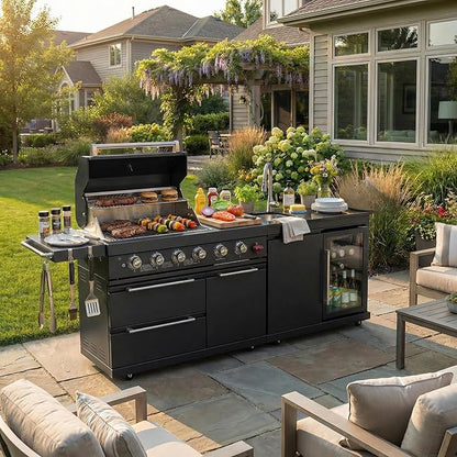 84" Stainless Steel Outdoor Kitchen BBQ Island Grill with LPG Black | 6-Burner 75300 BTU Propane Gas BBQ Grill with Sink, Wine Cooler, Refrigerator, Granite Countertops & Rotisserie Kit