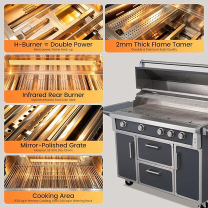 49" Propane Gas Stainless Steel Grill, 4 Burners & Infrared Burner, Grey | 304 stainless steel construction Garden & Outdoor Cooking 99,000 BTU Warming rack Storage drawers