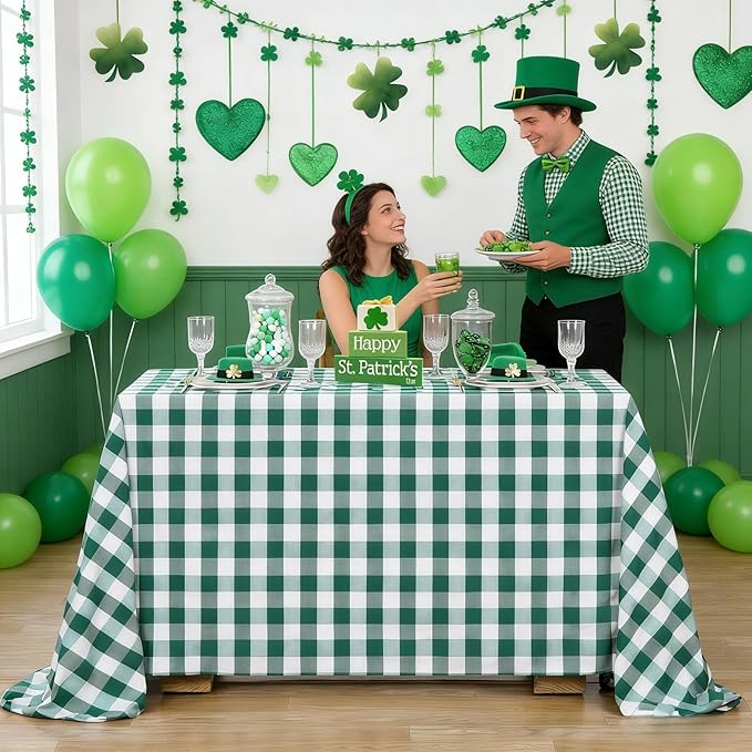 B-COOL Plaid Tablecloth Green White Easter St Patricks Day Checker Table Cloth Buffalo Rectangle Desk Cloth for Party Festival Indoor Outdoor Picnic Dinner Decor 56x120 Inch