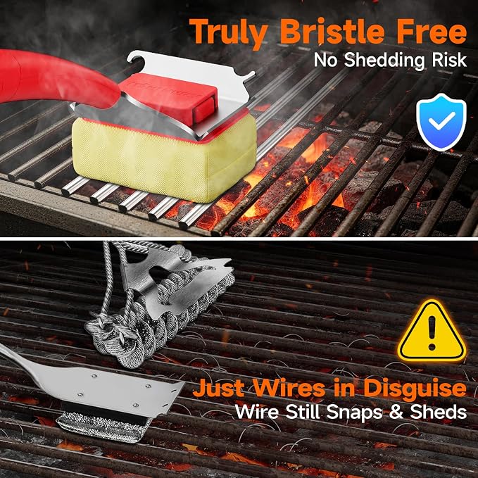 Bristle-Free Grill Brush Head, Heat-Resistant Kevlar Fiber Head, Red Head | Steam Cleaning, Replaceable No-Wire Head, 17" Handle, 4-in-1 Scraper, for Porcelain/Ceramic/Stainless Steel/Cast Iron Grate
