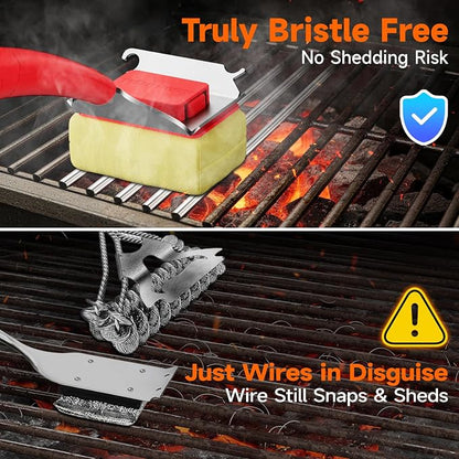 Bristle-Free Grill Brush Head, Heat-Resistant Kevlar Fiber Head, Red Head | Steam Cleaning, Replaceable No-Wire Head, 17" Handle, 4-in-1 Scraper, for Porcelain/Ceramic/Stainless Steel/Cast Iron Grate