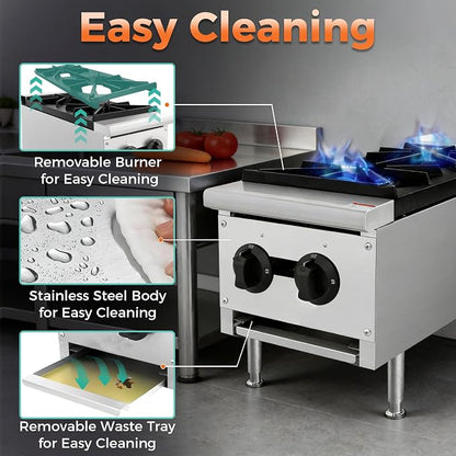 Gas Countertop Hot Plate for Kitchen Dining,NG LP Convertible Burner Stove with Independent Manual Controls,Standing Pilot Ignition,Cast Iron Grates,Stainless Steel Body,Catering Use (Silver,2 Burner)
