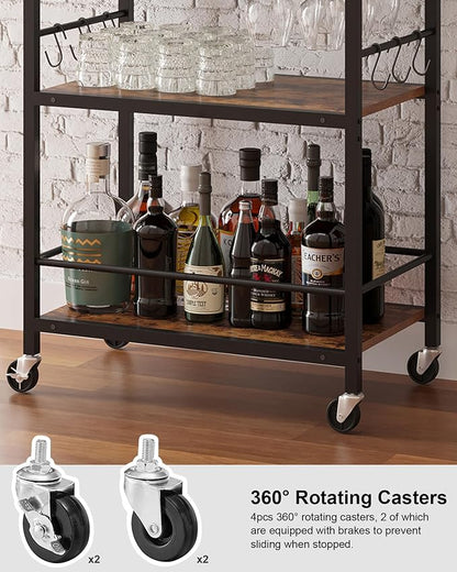 TUTOTAK Bar Cart with Wheels, Drink Cart with Wine Rack and Glass Holder | 3-Tier 17 Inch Wide Home Bar Serving Carts, Small Mobile Kitchen Shelf with 6 Hooks, Rustic Brown BC01BB032