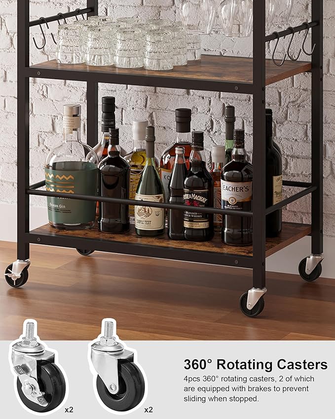 TUTOTAK Bar Cart with Wheels, Mini Drink Cart with Wine Rack & Glass Holder | 3-Tier 17 Inch Wide Home Bar Serving Carts, Small Mobile Kitchen Shelf with 6 Hooks, Rustic Brown BC01BB036