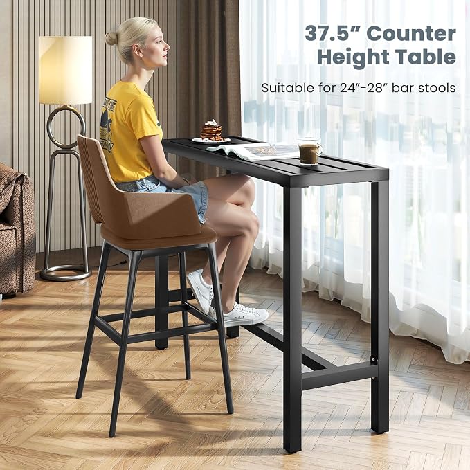 Giantex Outdoor Rectangle Bar Table with Counter Height, Slatted Top & Footrest, Heavy-Duty Metal Frame, 400Lbs Capacity, High Pub Table for Patio, Deck, Yard, Hot Tub, Balcony, Black (48")