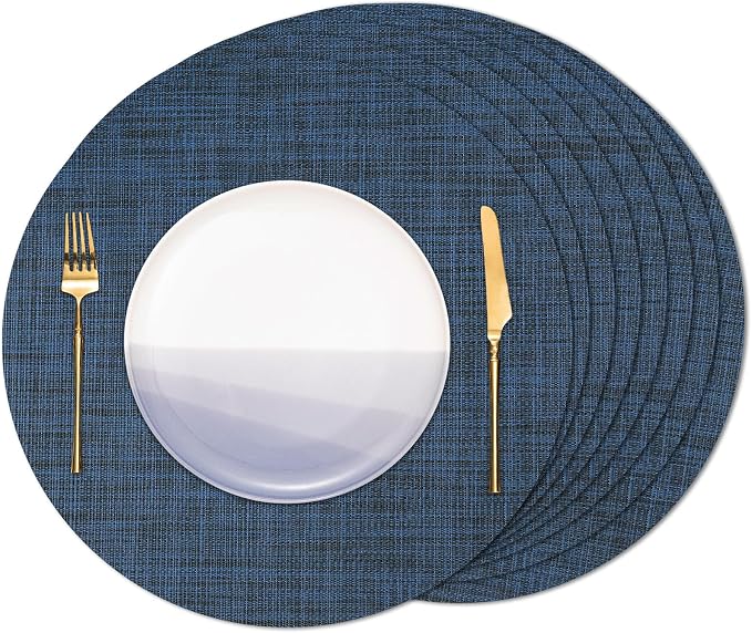 15 Inch Round Placemats Set of 8, Washable Vinyl Woven Place Mats | Heat Resistant Non-Slip Braided Table Mats for Dining Table Kitchen Indoor & Outdoor Use (Dark Blue, Set of 8)