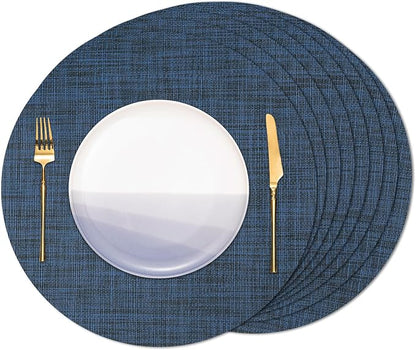 15 Inch Round Placemats Set of 8, Washable Vinyl Woven Place Mats | Heat Resistant Non-Slip Braided Table Mats for Dining Table Kitchen Indoor & Outdoor Use (Dark Blue, Set of 8)
