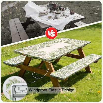 Picnic Table Cover with Bench Covers Windproof Waterproof Picnic Table Covers Camping Tablecloth with Self-Storage Bag, 72in, Botanical Green