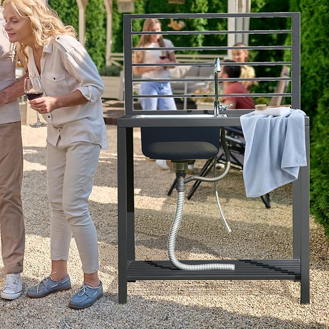 Domi Outdoor Kitchen Island with Storage, Aluminum Kitchen Island Stainless Steel Outdoor Sink w/Faucet & Drainboard, Freestanding Storage Shelves with Protective Cover Indoor Outdoor