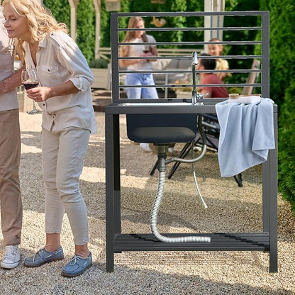 Domi Outdoor Kitchen Island with Storage, Aluminum Kitchen Island Stainless Steel Outdoor Sink w/Faucet & Drainboard, Freestanding Storage Shelves with Protective Cover Indoor Outdoor