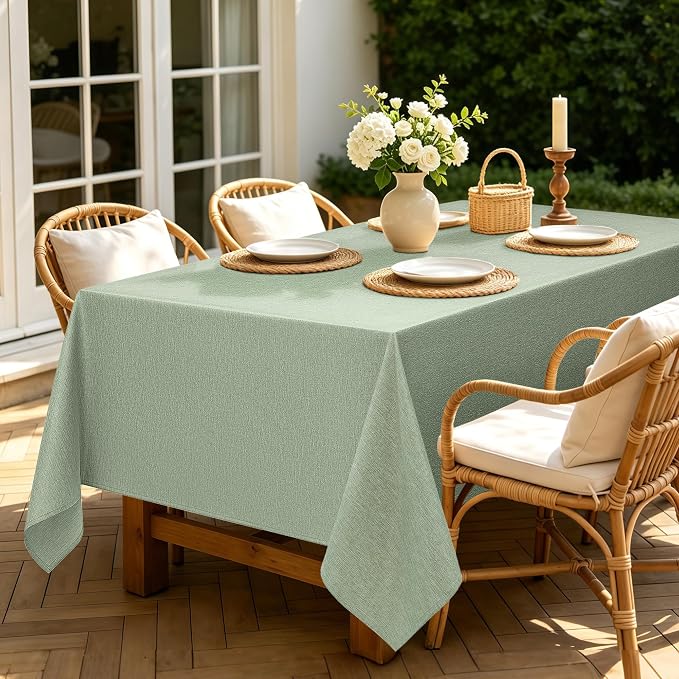 Faux Linen Farmhouse Table Cloth 60"x144" for 10 ft Rectangle Table, Sage Green Waterproof Outdoor Washable Cloth Tablecloth for Rectangular Dining Room Kitchen Outdoor Party Restaurant Table