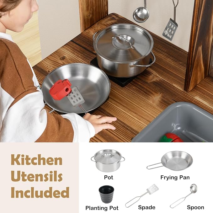 INFANS Mud Kitchen, Outdoor Play Kitchen with Drawing Board, 4 Cups, Removable Sink, Storage, Cooking Accessories, Wooden Kids Kitchen Playset Gift for Boys Girls Ages 3+