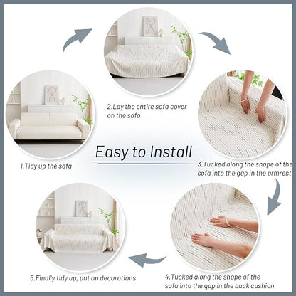 MYSKY HOME Couch Cover for Dogs, Sectional Couch Cover, Beige Lines Sofa Covers for Sectional Sofa L Shape Chenille Couch Protector for Dogs Pets Couch Covers Washable Soft Throw, 91"X118"