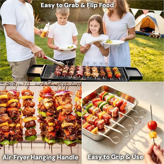 20 PCS 7" Flat Stainless Steel Skewers, BBQ Skewers for Kabobs Potato Nails | Reusable Metal Grill Skewers with Hook Handle & Sharp Tip, Baking Nails for Shish Steak Shrimp Air Fryer Oven