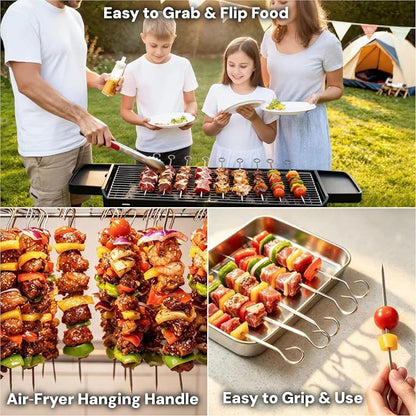 20 PCS 7" Flat Stainless Steel Skewers, BBQ Skewers for Kabobs Potato Nails | Reusable Metal Grill Skewers with Hook Handle & Sharp Tip, Baking Nails for Shish Steak Shrimp Air Fryer Oven