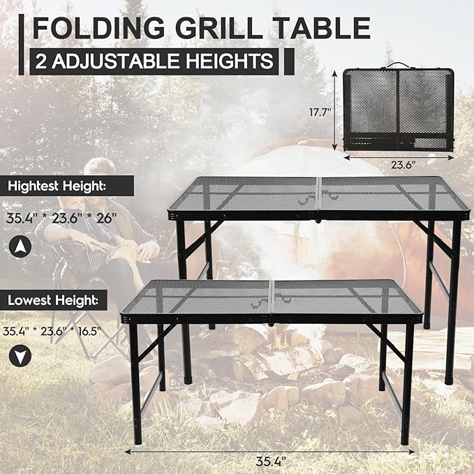 Folding Matel Grill Table, 3x2 FT Portable Camping Table | Lightweight Height Adjustable Metal Picnic Outdoor Table with Mesh Desktop and Mesh Bag, Beach and BBQ, Party