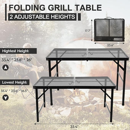 Folding Matel Grill Table, 3x2 FT Portable Camping Table | Lightweight Height Adjustable Metal Picnic Outdoor Table with Mesh Desktop and Mesh Bag, Beach and BBQ, Party