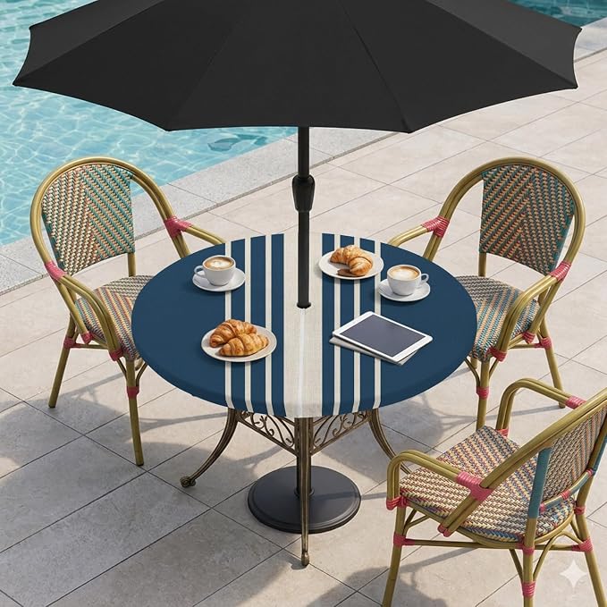 Outdoor Fitted Tablecloth with Umbrella Hole and Zipper, Navy Blue Beige Striped Elastic Round Patio Table Cover, Farmhouse Retro Lines Modern Table Protector for Backyard BBQ Party 55''-60''