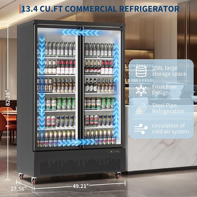IDEALHOUSE Commercial Merchandiser Refrigerator, 13.4 Cu.Ft, Glass Door, Beverage Cooler, 5 Adjustable Shelves, Bar Fridge, Commercial Display, Large Capacity, Black, For Restaurant, Store, Bar
