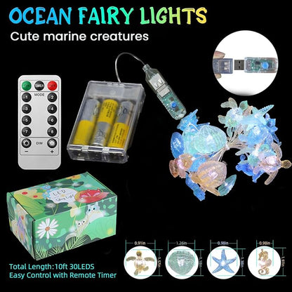 Nautical String Lights Sea Life Ocean Fairy Lights Plug in or Battery Operated Beach Decoration for Bedroom Turtle Seahorse Clam Starfish Marine Life String Lights 30LED 10ft Christmas Window Decor
