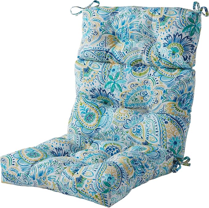 Outdoor Tufted High-Back Chair Cushions, One-Piece Hinged Seat and Back Design, Reversible with 4 Ties, Durable Polyester Fabric, Recycled Fiber Fill - Single, Baltic Paisley