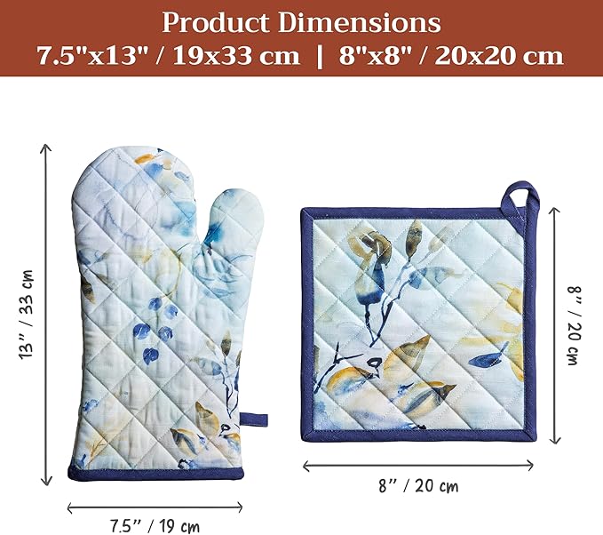 Maison d' Hermine 100% Cotton Oven Mitt & Pot Holder Set (7.5"x13" & 8"x8") Heat Resistant BBQ Cooking Gloves with Loop Baking Grilling Kitchen Hotel Home Farmhouse Spring Summer (Lazy Summer Days)