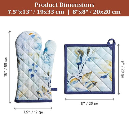 Maison d' Hermine 100% Cotton Oven Mitt & Pot Holder Set (7.5"x13" & 8"x8") Heat Resistant BBQ Cooking Gloves with Loop Baking Grilling Kitchen Hotel Home Farmhouse Spring Summer (Lazy Summer Days)