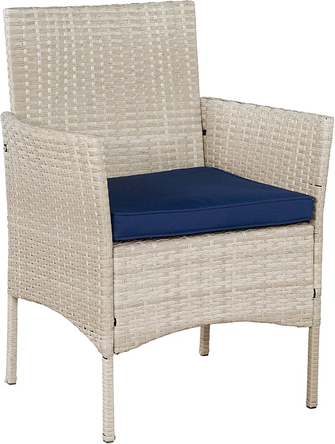 Outdoor Wicker Conversation 3 Piece Bistro Set Garden Patio Yard Porch Furniture Space Saving Pe Rattan 2 Chairs Cushions Side Storage Glass Table Stone Gray/Navy Blue 3pc