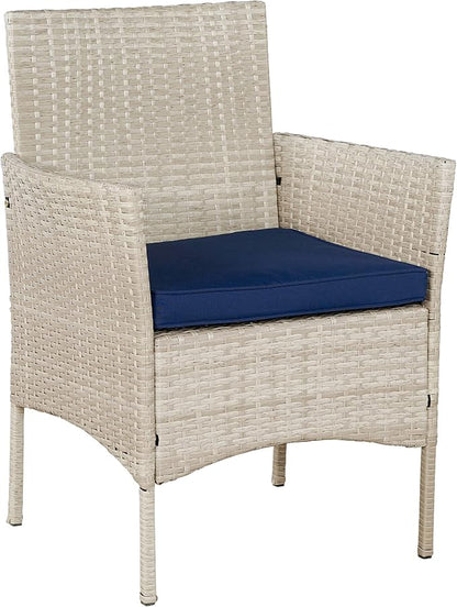 Outdoor Wicker Conversation 3 Piece Bistro Set Garden Patio Yard Porch Furniture Space Saving Pe Rattan 2 Chairs Cushions Side Storage Glass Table Stone Gray/Navy Blue 3pc