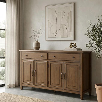SIMPLIHOME Connaught 67" Sideboard in Rustic Natural Aged Brown | Traditional 4-door dining room buffet with 2 drawers and adjustable shelves for organized kitchen or living room storage.