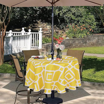 LUSHVIDA Moroccan Outdoor Round Tablecloth with Umbrella Hole and Zipper, 60 Inch Yellow, Waterproof Wrinkle Free Table Cloth Decorative Fabric Washable Table Cover for Patio, Party, Picnic