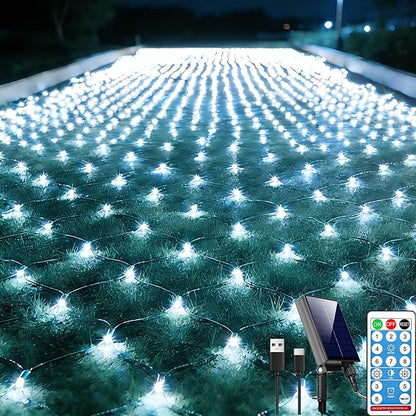 21ft x 5ft Solar Net Lights, 360LED Christmas Net Lights Solar & USB Powered, Waterproof Mesh String Lights 8 Modes Green Wire for Bushes Patio Garden Xmas Holiday Party Outdoor Decor (Cool White)