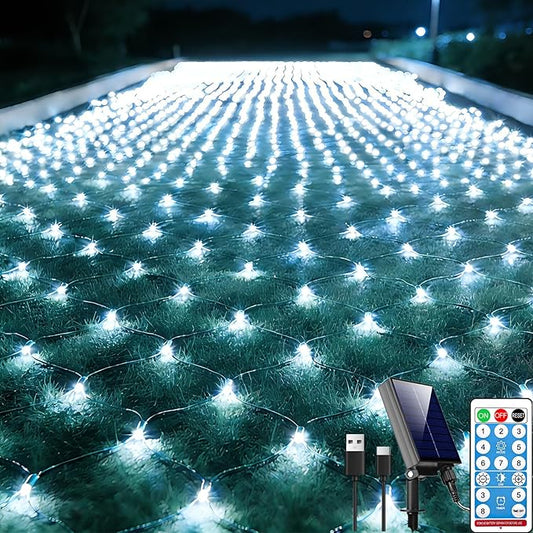 21ft x 5ft Solar Net Lights, 360LED Christmas Net Lights Solar & USB Powered, Waterproof Mesh String Lights 8 Modes Green Wire for Bushes Patio Garden Xmas Holiday Party Outdoor Decor (Cool White)