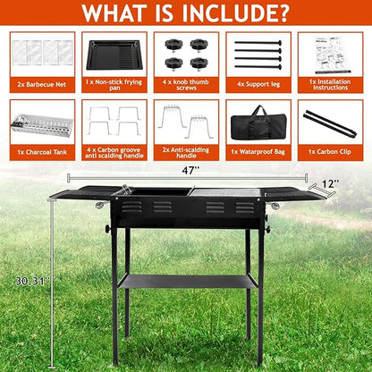 Portable Charcoal Grills for Outdoor BBQ, Large Barbecue Smoker with Adjustable Height, Foldable Kabob Cooking Grill for Garden Backyard Party Camping Picnic, Black