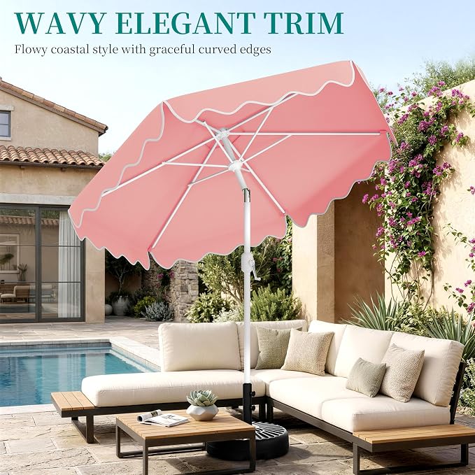 AreShark 7.5FT Outdoor Patio Umbrella with Wavy Trim (Peach Pink) | Market Table Umbrellas w/ 6 Sturdy Ribs, Crank & Tilt, White Pole, Pool Umbrella with UV-Fade Resistant Fabric, Heavy Frame