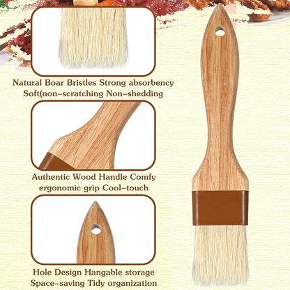 Molain 2 Pack Natural Boar Bristle Pastry Basting Brush, 1.5 Inch Non-Shedding Heat Resistant Cooking Brush for Butter Egg Wash Oil Sauce Baking with Wooden Handle