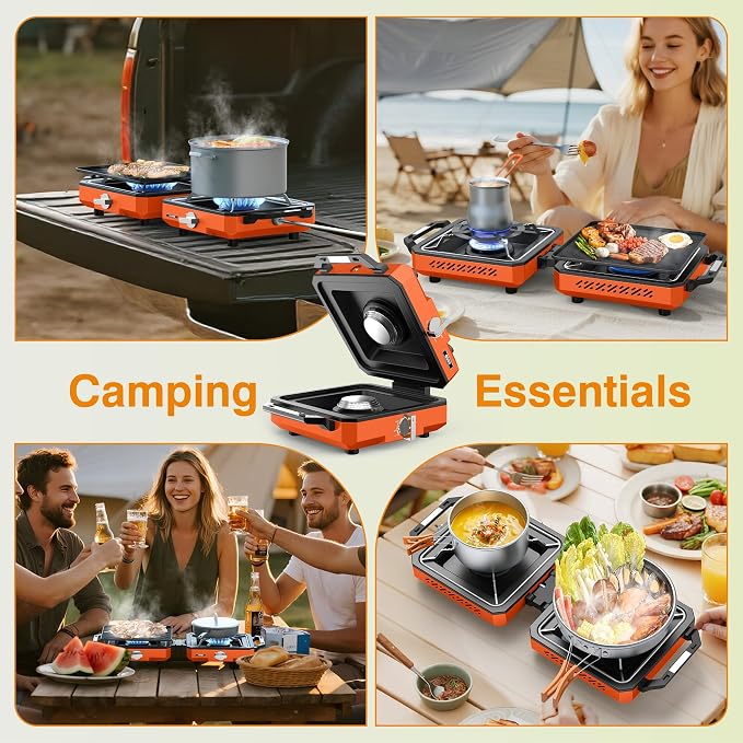 ODSD 2 Burner Camping Stove with Windshield, 20000 BTU Propane Camp Stove, Portable Folding Gas Stove, Camping Essentials Gears Includes Frying Pan, Coffee Stand & Carry Bag (Orange)