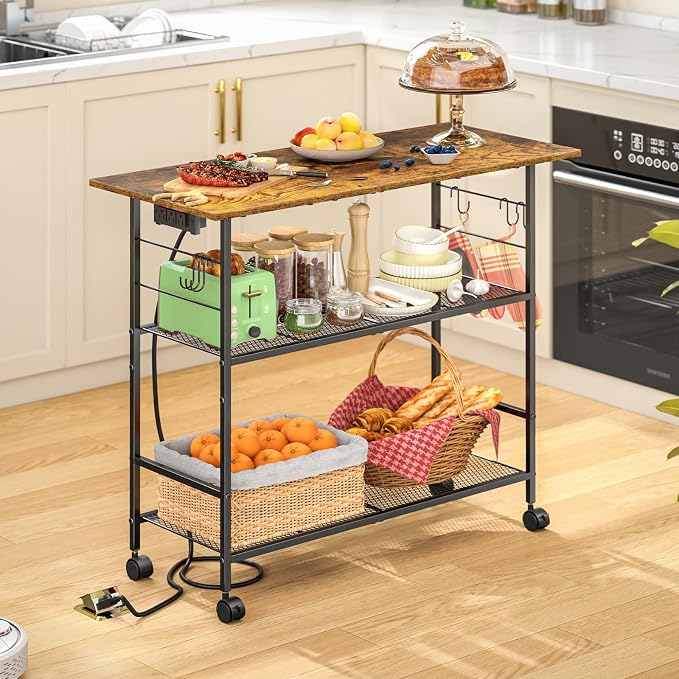 Kitchen Island with Power Outlet, Rolling Kitchen Cart with 6 Hooks and Protective Shelf, Microwave Stand on Lockable Wheels, Bakers Rack Coffee Bar for Dining, Living Room, Outdoor, Metal Frame